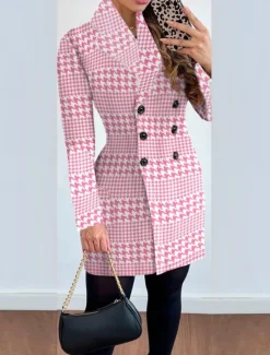 Online Women's Overcoat Thickened Button Down Winter Lattice Print Lapel Coat for women Women Coats & Trench Coats