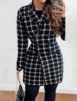 Online Women's Overcoat Thickened Button Down Winter Lattice Print Lapel Coat for women Women Coats & Trench Coats