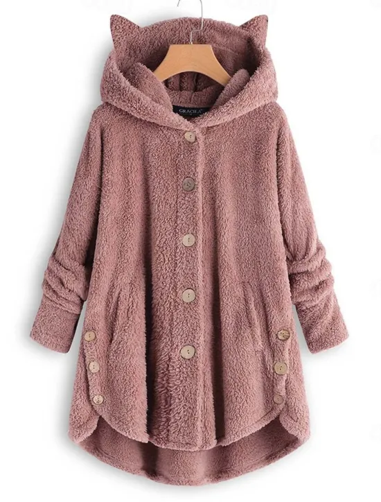 Outlet Women's Oversized Solid Color Warm Teddy Fuzzy Long Sleeve Hoodie Long Tops Street Casual Buttons Pocket Black Yellow Pink Wine Coffee Fall & Winter Women Hoodies & Sweatshirts