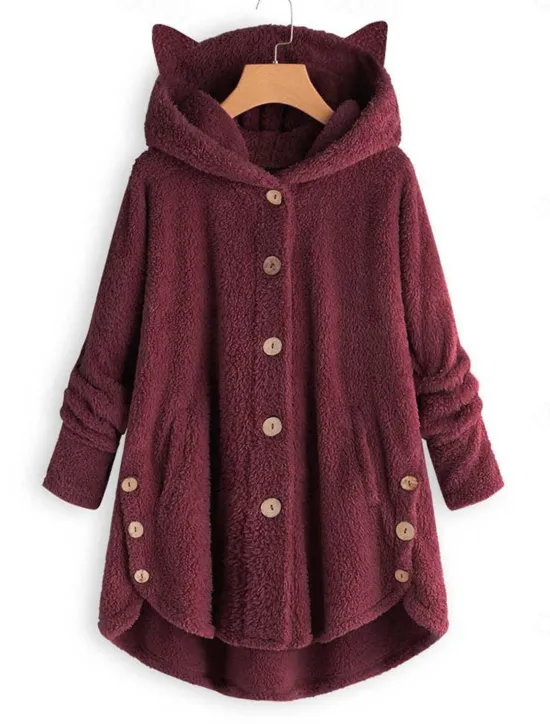 Outlet Women's Oversized Solid Color Warm Teddy Fuzzy Long Sleeve Hoodie Long Tops Street Casual Buttons Pocket Black Yellow Pink Wine Coffee Fall & Winter Women Hoodies & Sweatshirts