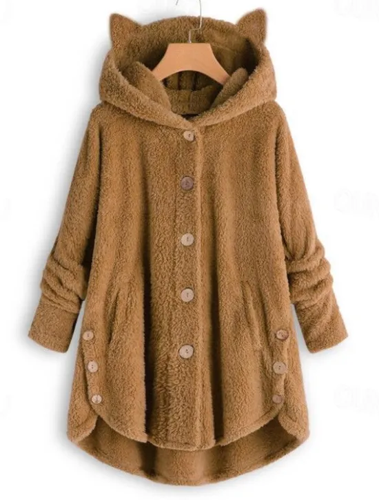 Outlet Women's Oversized Solid Color Warm Teddy Fuzzy Long Sleeve Hoodie Long Tops Street Casual Buttons Pocket Black Yellow Pink Wine Coffee Fall & Winter Women Hoodies & Sweatshirts