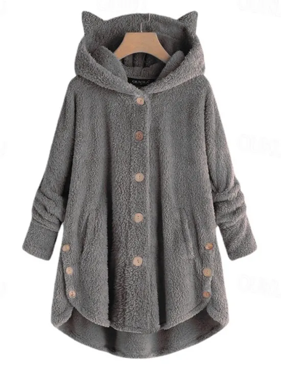 Outlet Women's Oversized Solid Color Warm Teddy Fuzzy Long Sleeve Hoodie Long Tops Street Casual Buttons Pocket Black Yellow Pink Wine Coffee Fall & Winter Women Hoodies & Sweatshirts
