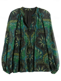 Outlet Women's Paisley Print Chiffon Peasant Top Lantern Sleeve Casual Long Sleeve V Neck Shirt Blouse for Spring Women Chiffon Tops
