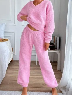 Women's Pajama Set 2 Pieces Print Comfort Home Daily Comfort Warm V Neck Long Sleeve Pullover Pant Spring Fall Home Outfits Women Pajama-Setter