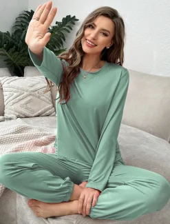 Outlet Women's Pajama Set 2 Pieces Pure Color Casual Comfort Comfrt Home Spandex Comfort Breathable Crew Neck Long Sleeve T shirt Tee Pant Spring Fall Home Outfits Women Pajama-Setter