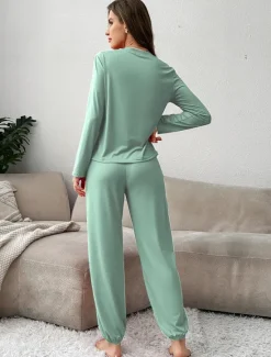 Outlet Women's Pajama Set 2 Pieces Pure Color Casual Comfort Comfrt Home Spandex Comfort Breathable Crew Neck Long Sleeve T shirt Tee Pant Spring Fall Home Outfits Women Pajama-Setter