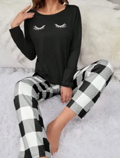 Clearance Women's Pajama Set Casual Comfort Comfrt Cartoon Grid / Plaid T Shirt Pant Home Long Sleeve Crew Neck Black Pink Spring Fall Winter Women Pajama-Setter