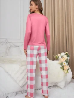 Clearance Women's Pajama Set Casual Comfort Comfrt Cartoon Grid / Plaid T Shirt Pant Home Long Sleeve Crew Neck Black Pink Spring Fall Winter Women Pajama-Setter