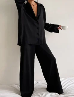 Hot Women's Pajama Set Casual Comfort Pure Color Button Up Elastic Waist Shirt Pant Home Daily Long Sleeve Shirt Collar Black Green Summer Spring Fall Regular Fit Women Pajama-Setter