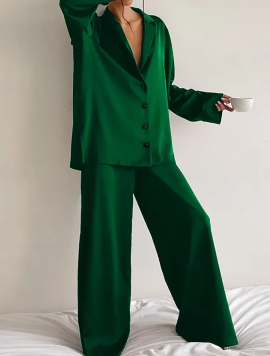 Hot Women's Pajama Set Casual Comfort Pure Color Button Up Elastic Waist Shirt Pant Home Daily Long Sleeve Shirt Collar Black Green Summer Spring Fall Regular Fit Women Pajama-Setter