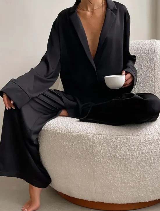 Hot Women's Pajama Set Casual Comfort Pure Color Button Up Elastic Waist Shirt Pant Home Daily Long Sleeve Shirt Collar Black Green Summer Spring Fall Regular Fit Women Pajama-Setter