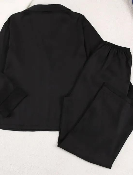 Hot Women's Pajama Set Casual Comfort Pure Color Button Up Elastic Waist Shirt Pant Home Daily Long Sleeve Shirt Collar Black Green Summer Spring Fall Regular Fit Women Pajama-Setter
