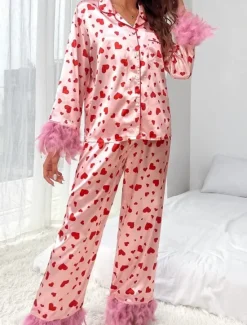 New Women's Pajama Set Casual Comfort Heart Elastic Waist Shirt Pant Home Valentine's Day Daily Long Sleeve Shirt Collar Summer Spring Fall Loose Fit Women Sleepwear