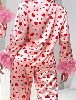 New Women's Pajama Set Casual Comfort Heart Elastic Waist Shirt Pant Home Valentine's Day Daily Long Sleeve Shirt Collar Summer Spring Fall Loose Fit Women Sleepwear
