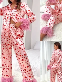 New Women's Pajama Set Casual Comfort Heart Elastic Waist Shirt Pant Home Valentine's Day Daily Long Sleeve Shirt Collar Summer Spring Fall Loose Fit Women Sleepwear