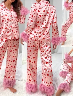 New Women's Pajama Set Casual Comfort Heart Elastic Waist Shirt Pant Home Valentine's Day Daily Long Sleeve Shirt Collar Summer Spring Fall Loose Fit Women Sleepwear