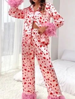 New Women's Pajama Set Casual Comfort Heart Elastic Waist Shirt Pant Home Valentine's Day Daily Long Sleeve Shirt Collar Summer Spring Fall Loose Fit Women Sleepwear