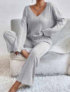 Hot Women's Pajama Set Casual Comfort Pure Color Elastic Waist T Shirt Pant Home Daily Long Sleeve V Neck Black Light Grey Beige Spring Fall Winter Regular Fit Women Pajama-Setter