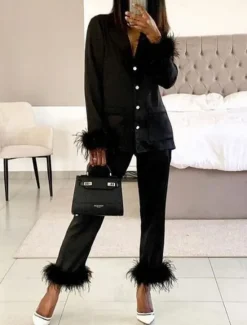 Women's Pajama Set Casual Comfort Pure Color Elastic Waist Feather Shirt Pant Home Daily Long Sleeve Shirt Collar Black White Pink Red Blue Summer Spring Fall Regular Fit Women Sleepwear