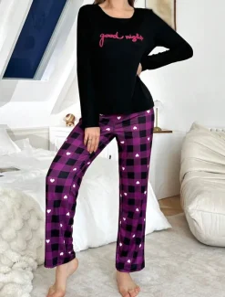 Sale Women's Pajama Set Casual Comfort Comfrt Heart T Shirt Pant Home Long Sleeve Crew Neck Spring Fall Winter Women Pajama-Setter