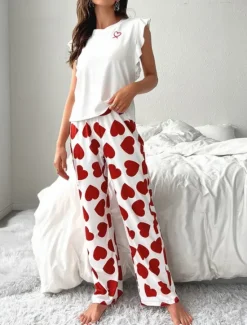 Online Women's Pajama Set Casual Comfort Heart Ruffle Elastic Waist Tank Top Pant Home Valentine's Day Daily Sleeveless Crew Neck Black Pink Red Summer Spring Fall Regular Fit Women Pajama-Setter