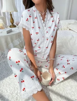Best Women's Pajama Set Casual Comfort Floral Butterfly Patchwork Elastic Waist Shirt Pant Home Daily Short Sleeve V Neck Light Pink White Pink Red Summer Spring Regular Fit Women Sleepwear