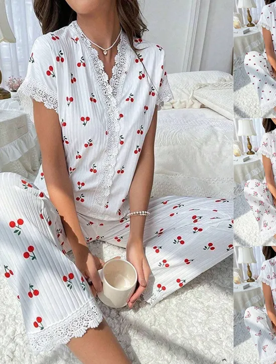 Best Women's Pajama Set Casual Comfort Floral Butterfly Patchwork Elastic Waist Shirt Pant Home Daily Short Sleeve V Neck Light Pink White Pink Red Summer Spring Regular Fit Women Sleepwear