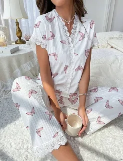 Best Women's Pajama Set Casual Comfort Floral Butterfly Patchwork Elastic Waist Shirt Pant Home Daily Short Sleeve V Neck Light Pink White Pink Red Summer Spring Regular Fit Women Sleepwear