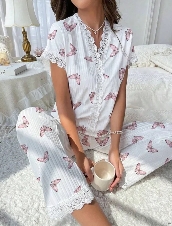 Best Women's Pajama Set Casual Comfort Floral Butterfly Patchwork Elastic Waist Shirt Pant Home Daily Short Sleeve V Neck Light Pink White Pink Red Summer Spring Regular Fit Women Sleepwear