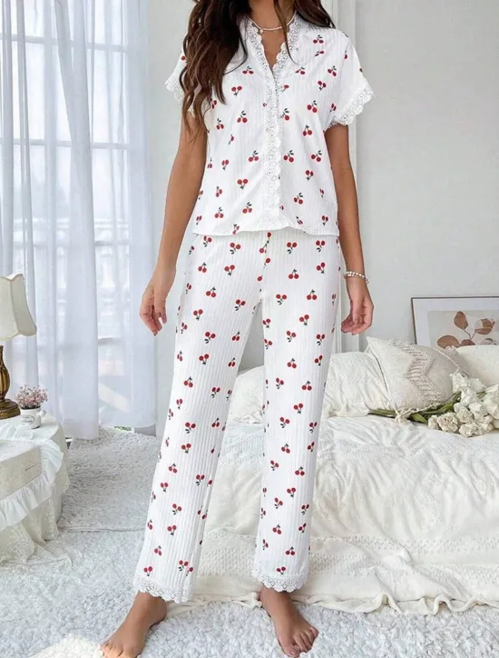 Best Women's Pajama Set Casual Comfort Floral Butterfly Patchwork Elastic Waist Shirt Pant Home Daily Short Sleeve V Neck Light Pink White Pink Red Summer Spring Regular Fit Women Sleepwear