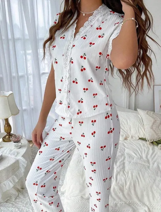 Best Women's Pajama Set Casual Comfort Floral Butterfly Patchwork Elastic Waist Shirt Pant Home Daily Short Sleeve V Neck Light Pink White Pink Red Summer Spring Regular Fit Women Sleepwear