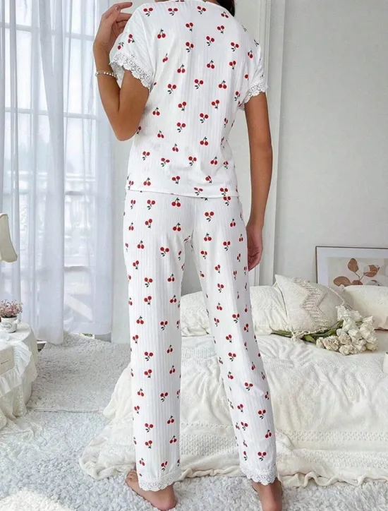 Best Women's Pajama Set Casual Comfort Floral Butterfly Patchwork Elastic Waist Shirt Pant Home Daily Short Sleeve V Neck Light Pink White Pink Red Summer Spring Regular Fit Women Sleepwear