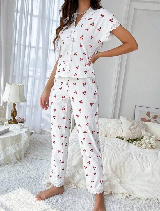 Best Women's Pajama Set Casual Comfort Floral Butterfly Patchwork Elastic Waist Shirt Pant Home Daily Short Sleeve V Neck Light Pink White Pink Red Summer Spring Regular Fit Women Sleepwear