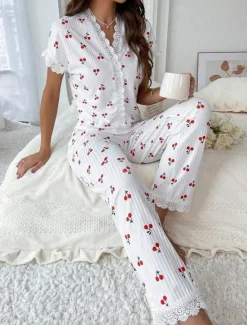 Best Women's Pajama Set Casual Comfort Floral Butterfly Patchwork Elastic Waist Shirt Pant Home Daily Short Sleeve V Neck Light Pink White Pink Red Summer Spring Regular Fit Women Sleepwear