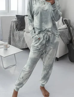 New Women's Pajama Set Casual Comfort Tie Dye Elastic Waist T Shirt Pant Home Daily Long Sleeve Crew Neck Pink Blue Green Rainbow Gray Summer Spring Fall Regular Fit Women Sleepwear