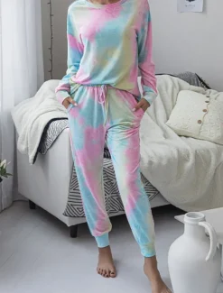 New Women's Pajama Set Casual Comfort Tie Dye Elastic Waist T Shirt Pant Home Daily Long Sleeve Crew Neck Pink Blue Green Rainbow Gray Summer Spring Fall Regular Fit Women Sleepwear
