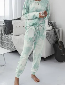 New Women's Pajama Set Casual Comfort Tie Dye Elastic Waist T Shirt Pant Home Daily Long Sleeve Crew Neck Pink Blue Green Rainbow Gray Summer Spring Fall Regular Fit Women Sleepwear