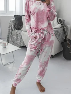 New Women's Pajama Set Casual Comfort Tie Dye Elastic Waist T Shirt Pant Home Daily Long Sleeve Crew Neck Pink Blue Green Rainbow Gray Summer Spring Fall Regular Fit Women Sleepwear