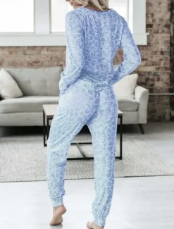 Discount Women's Pajama Set Casual Comfort Leopard Elastic Waist T Shirt Pant Home Daily Long Sleeve V Neck Pink Blue Gray Summer Spring Fall Regular Fit Women Pajama-Setter