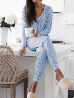 Discount Women's Pajama Set Casual Comfort Leopard Elastic Waist T Shirt Pant Home Daily Long Sleeve V Neck Pink Blue Gray Summer Spring Fall Regular Fit Women Pajama-Setter