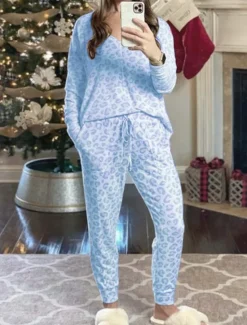 Discount Women's Pajama Set Casual Comfort Leopard Elastic Waist T Shirt Pant Home Daily Long Sleeve V Neck Pink Blue Gray Summer Spring Fall Regular Fit Women Pajama-Setter