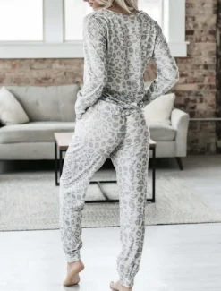 Discount Women's Pajama Set Casual Comfort Leopard Elastic Waist T Shirt Pant Home Daily Long Sleeve V Neck Pink Blue Gray Summer Spring Fall Regular Fit Women Pajama-Setter