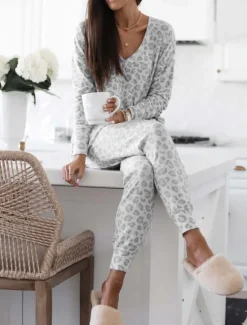 Discount Women's Pajama Set Casual Comfort Leopard Elastic Waist T Shirt Pant Home Daily Long Sleeve V Neck Pink Blue Gray Summer Spring Fall Regular Fit Women Pajama-Setter