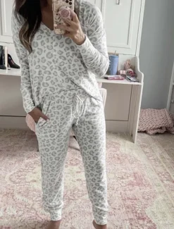 Discount Women's Pajama Set Casual Comfort Leopard Elastic Waist T Shirt Pant Home Daily Long Sleeve V Neck Pink Blue Gray Summer Spring Fall Regular Fit Women Pajama-Setter
