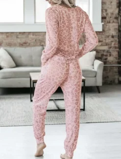 Discount Women's Pajama Set Casual Comfort Leopard Elastic Waist T Shirt Pant Home Daily Long Sleeve V Neck Pink Blue Gray Summer Spring Fall Regular Fit Women Pajama-Setter