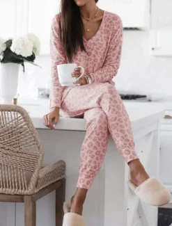 Discount Women's Pajama Set Casual Comfort Leopard Elastic Waist T Shirt Pant Home Daily Long Sleeve V Neck Pink Blue Gray Summer Spring Fall Regular Fit Women Pajama-Setter