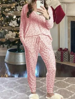 Discount Women's Pajama Set Casual Comfort Leopard Elastic Waist T Shirt Pant Home Daily Long Sleeve V Neck Pink Blue Gray Summer Spring Fall Regular Fit Women Pajama-Setter