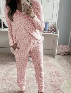 Discount Women's Pajama Set Casual Comfort Leopard Elastic Waist T Shirt Pant Home Daily Long Sleeve V Neck Pink Blue Gray Summer Spring Fall Regular Fit Women Pajama-Setter