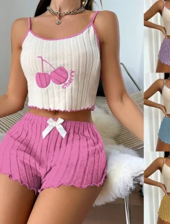 New Women's Pajama Set Casual Comfort Cherry Elastic Waist Strap Top Shorts Home Daily Sleeveless Straps Yellow Pink Blue Purple Summer Regular Fit Women Sleepwear