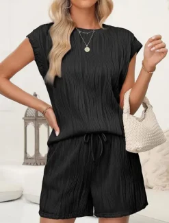 Women's Pajama Set Casual Comfort Pure Color Pocket Elastic Waist T Shirt Shorts Home Daily Short Sleeve Crew Neck Black White Pink Summer Spring Fall Regular Fit Women Pajama-Setter